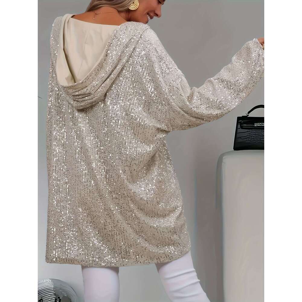 Women S Elegant Sequin Hoodie Long Sleeve Pullover With Drawstring Hood Shimmering Sequins Spring Fall Casual Formal Wear Solid Color Design Spring Fa