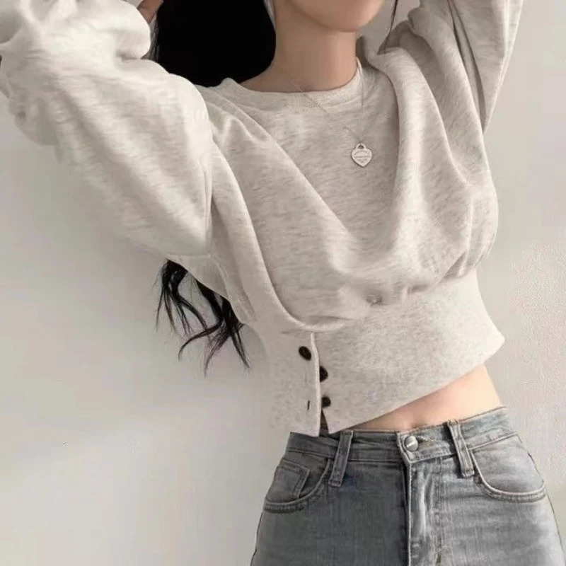 Autumn Women Solid ONeck Slim Crop Top Lantern Sleeve With Button Sweat Casual HipHop Sporty Pullover Sweet Chic Street Wear 251030