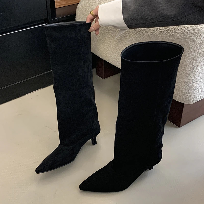 Eilyken Winter Street Style Pointed Toe KneeHigh Boots Women Low Heels Shoes Female Long Booties Zapatos De Mujer 251030