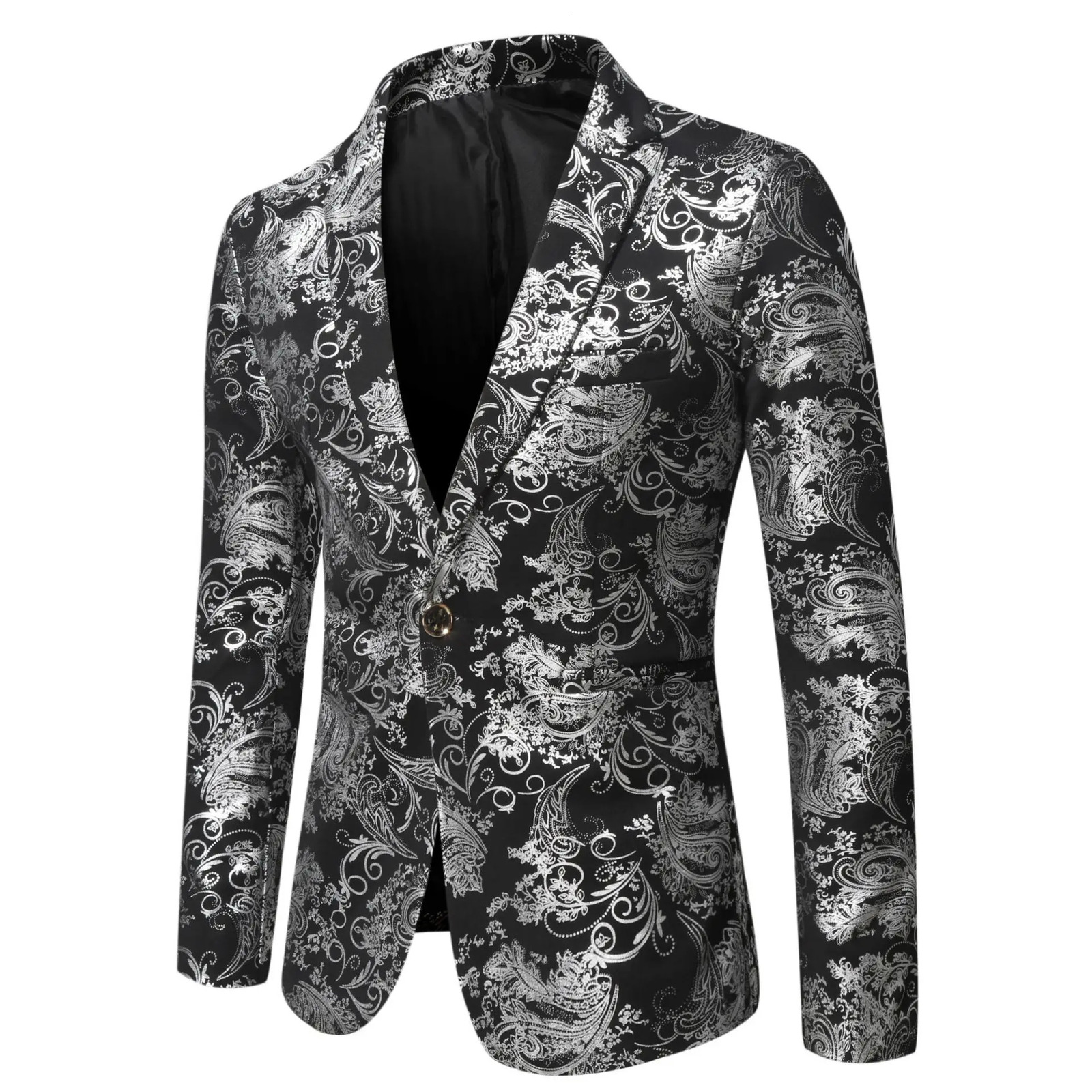 Mens Slim Fit Print Blazer Jacket Fashion Handsome Business Casual Silver Stage Show Suit Small Menswear 251028