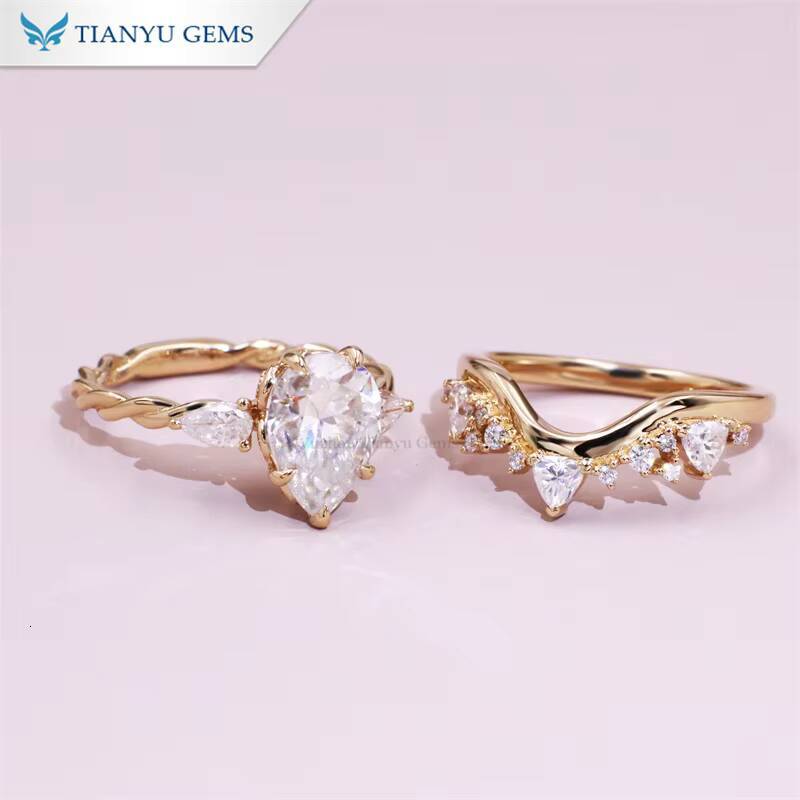 Tianyu Gems Custom Make 811mm 35ct Pear Moissanite Diamond 14k Yellow Gold Jewelry Ring Set for Women