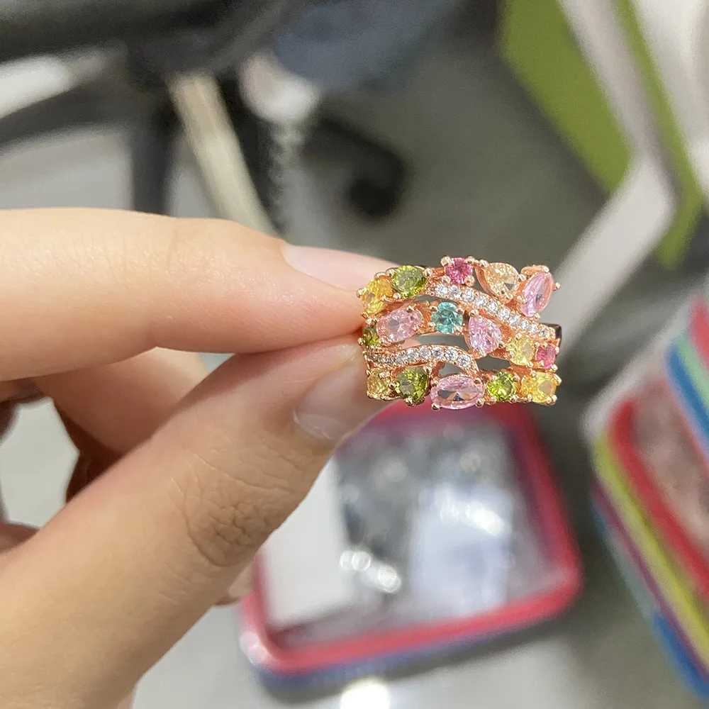 Rose Gold Color Rainbow Colorful Cubic Zirconia Ring for Women Luxury Wedding Pink Goold Finger Ring Vintage Party Jewelry GiftW251030