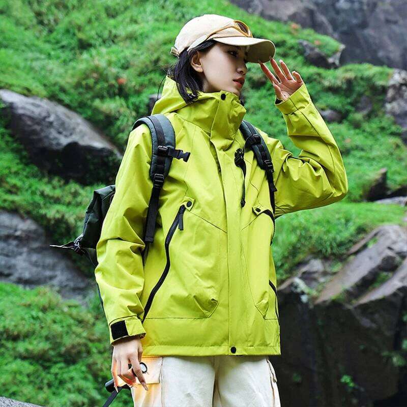 Autumn New Outdoor Hooded Climbing Jacket Women Waterproof Windproof Single Burst Hiking Camping Jackets For Couples Sportswear