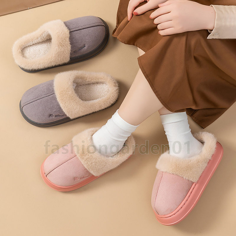 Winter Plush Cotton Slippers Warm Couples Slides Soft Comfortable Flats Non-Slip Brown Gray Pink Unisex House Shoes Size 36-41