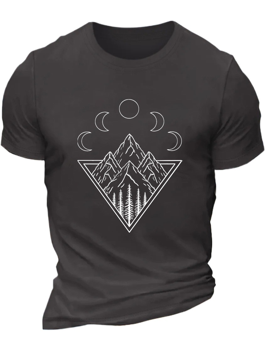 European & American Oversized Men's Moonlit Mountain Line Pattern Crew Neck Loose-Fit Casual T-Shirt - TT7530