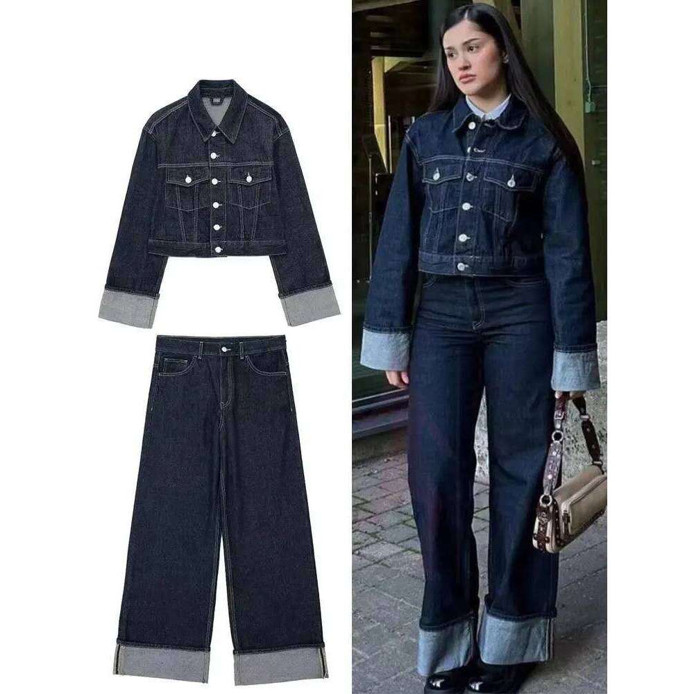 HH Women Vintage Denim Jacket Pant Sets Single Breasted Lapel Long Sleeve Coat Wide Leg Trousers Jeans High Street Outfits