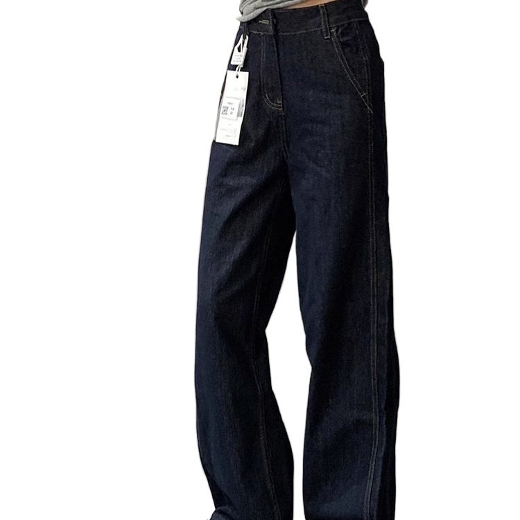 Designer luxury Original Color Wide-Leg Jeans for Women, Autumn and Winter Fleece-Lined High-Waisted Loose Lazy Style Dark Blue Straight-Leg Floor-Len