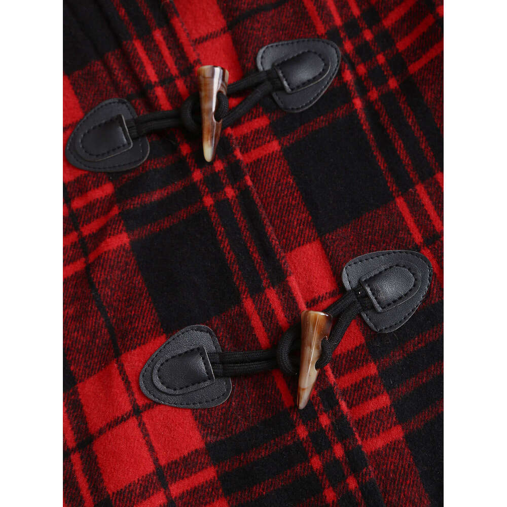 Women S Tartan With Hood Collar Bury Black White Plaid Jacket Golden Tone Buckles Like Trim Fau Hine Washable Elegant Scottish Inspired Outerwear For 