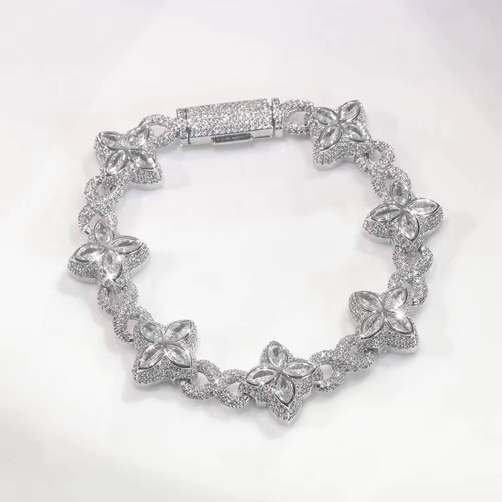 NUOYA New Style 8mm HipHop Jewelry Colorful Four Leaf Clover Chain Silver Plated Brass 5A moissanite Cuban Chain Bracelet for Women Designer's st
