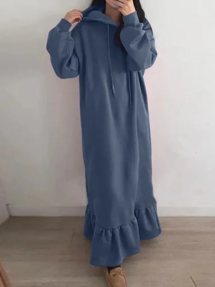 Autumn and Winter Womens Elegant Loose Long Dress Solid Color Hooded Commuting Style Straight Pocket Hoodie 251027