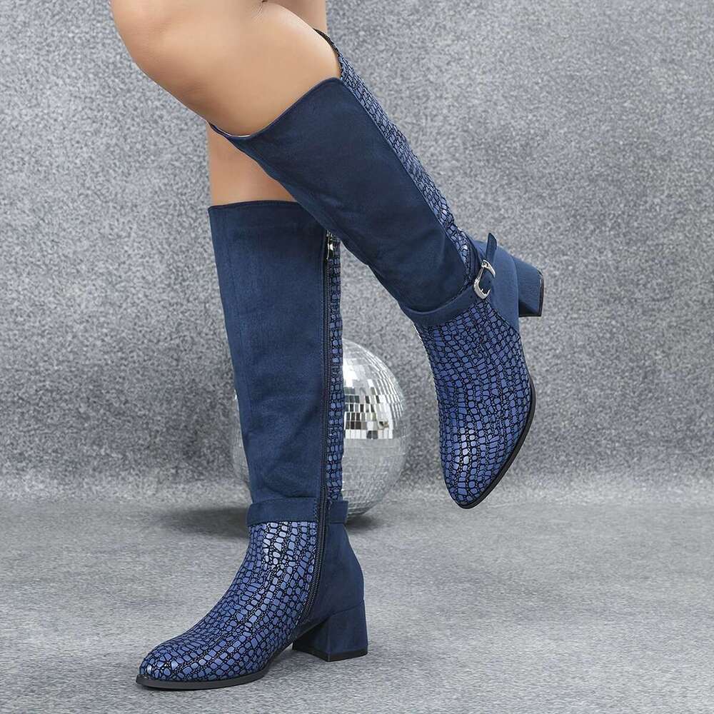 Women's Elegant Navy Blue Knee-High Boots With Thick Heel, Side Zipper Round Toe - All-Season Faux Cover/Fabric Upper, Plush Lining & TPU Sole Fo