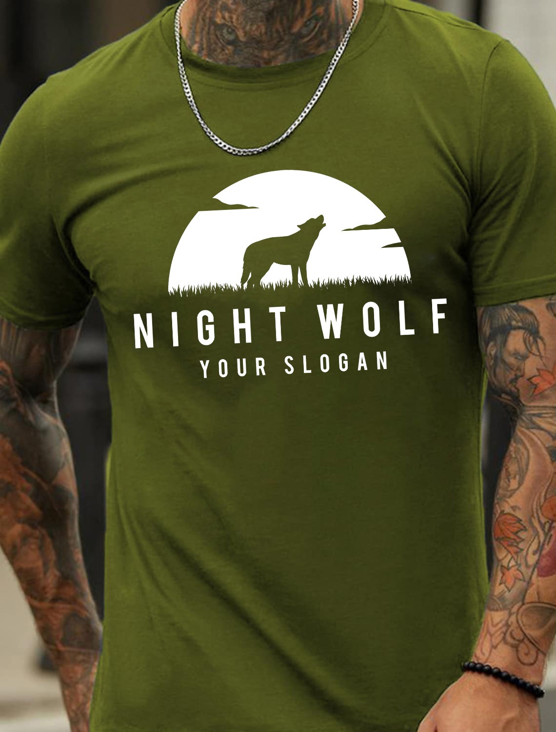 European & American Oversized Men's Cotton Summer T-Shirt with Howling Wolf Print Under the Full Moon - TT7188