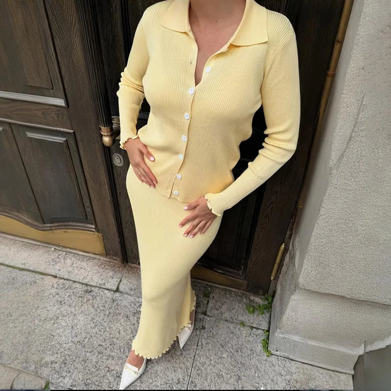 Tornova Womens Fungus Knitted Sweater Set POLO Long Sleeve Cardigan Slim Maxi Skirt Fashion 2 Piece Set High Waist Commuting251027