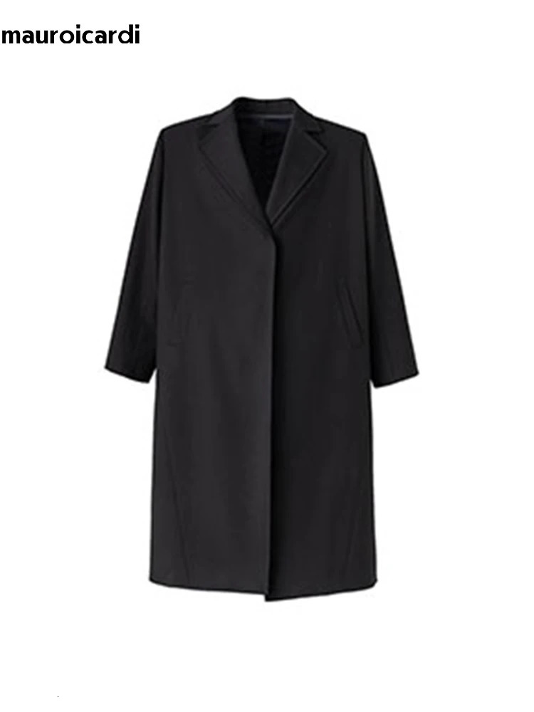 Mauroicardi Autumn Winter Cool Long Black Thick Warm Loose Casual Soft Wool Blends Coat Men with Shoulder Pads No Buttons 251029