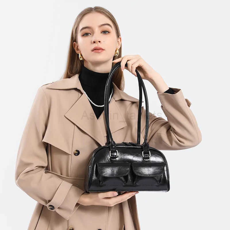 2025 Oil Wax Leather Bowling Bag Multi Pocket Underarm Bag Commuter Handheld Shoulder Bag M251030