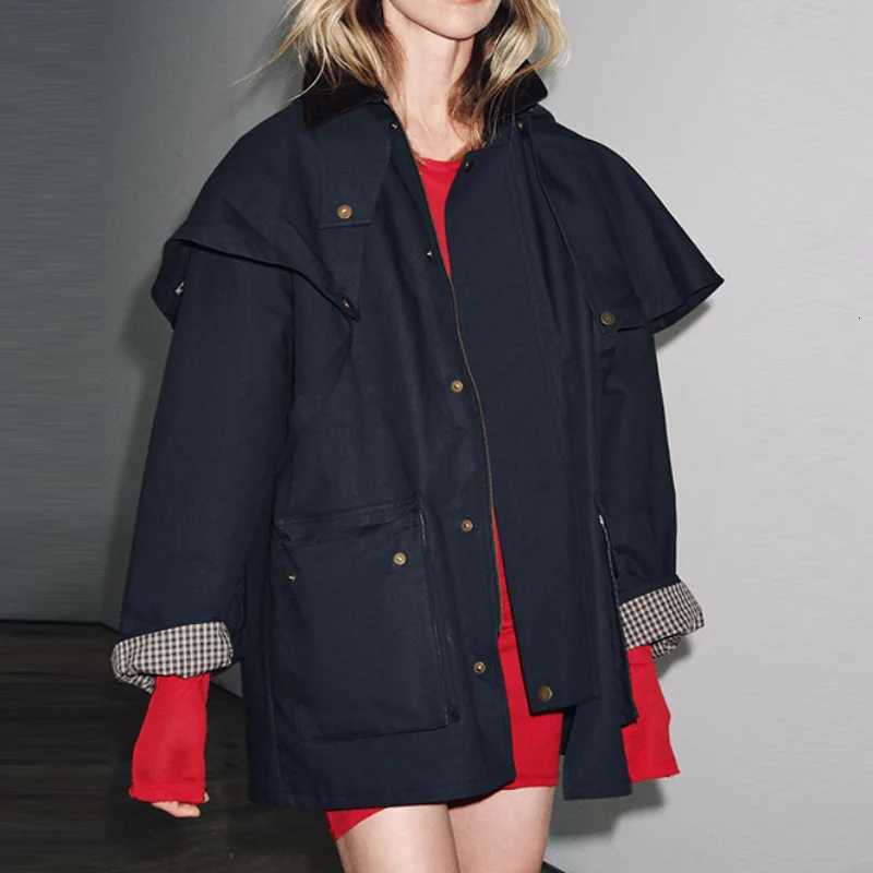 Chic Autumn Womens Removable Hooded Coat Loose Long Jackets Pockets Zipper Outwear 2025 New Female Casual Waterproof Streetwear H251030