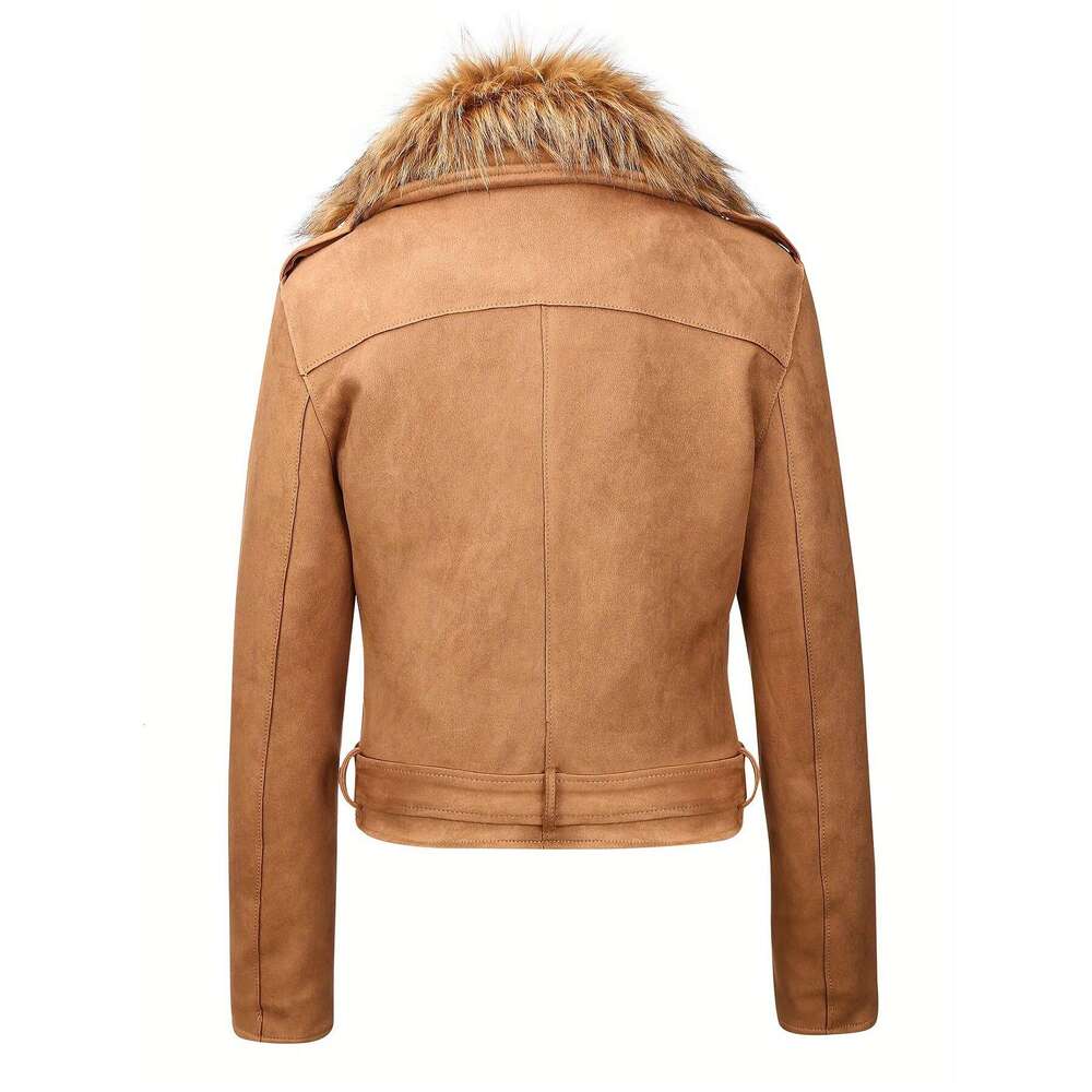 Women S Autumn Winter Short Jacket Faux Fur Hood Suede Material Polyester Elastane Solid Color Long Sleeve Windbreaker Style Woven Vintage Biker