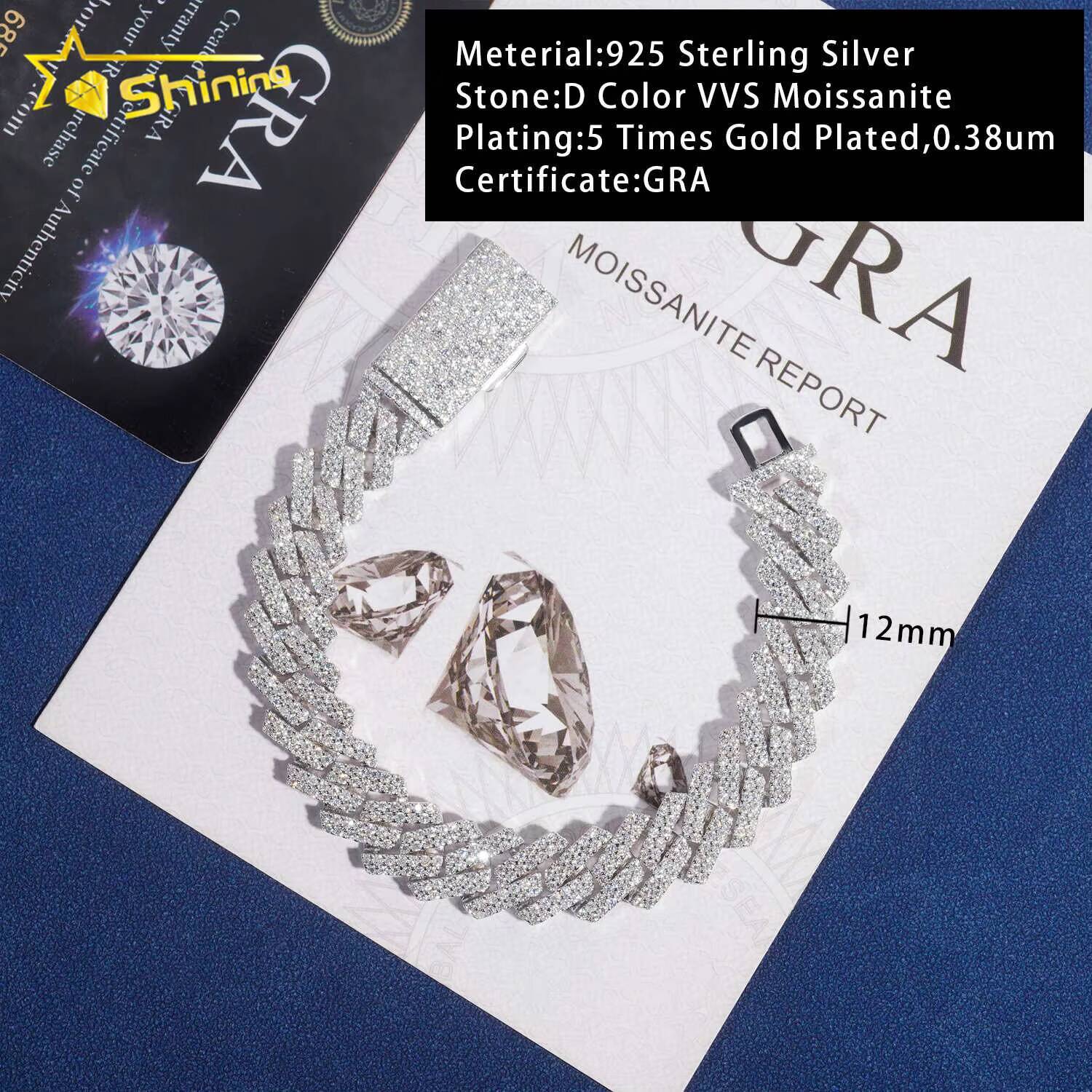 Fast Shipping 12mm Chain 925 Sterling Silver Gold Plated Hip Hop VVS D Color Moissanite Cuban Link Chain