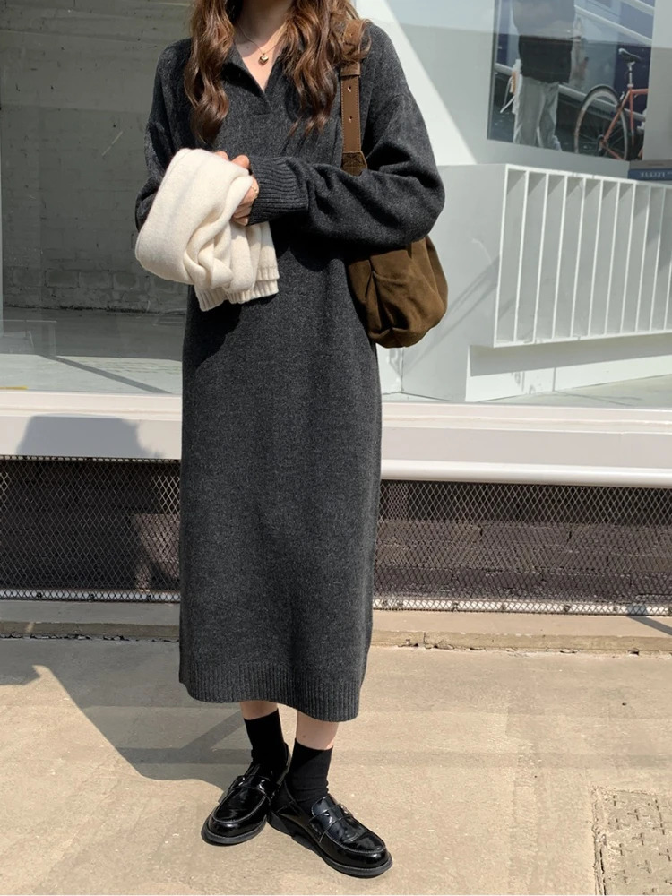 in Women Autumn Winter Lapel Full Sleeve Solid Long Knitted Dress Casual Thicken Warm Loose Sweater Female Vestidos 251027