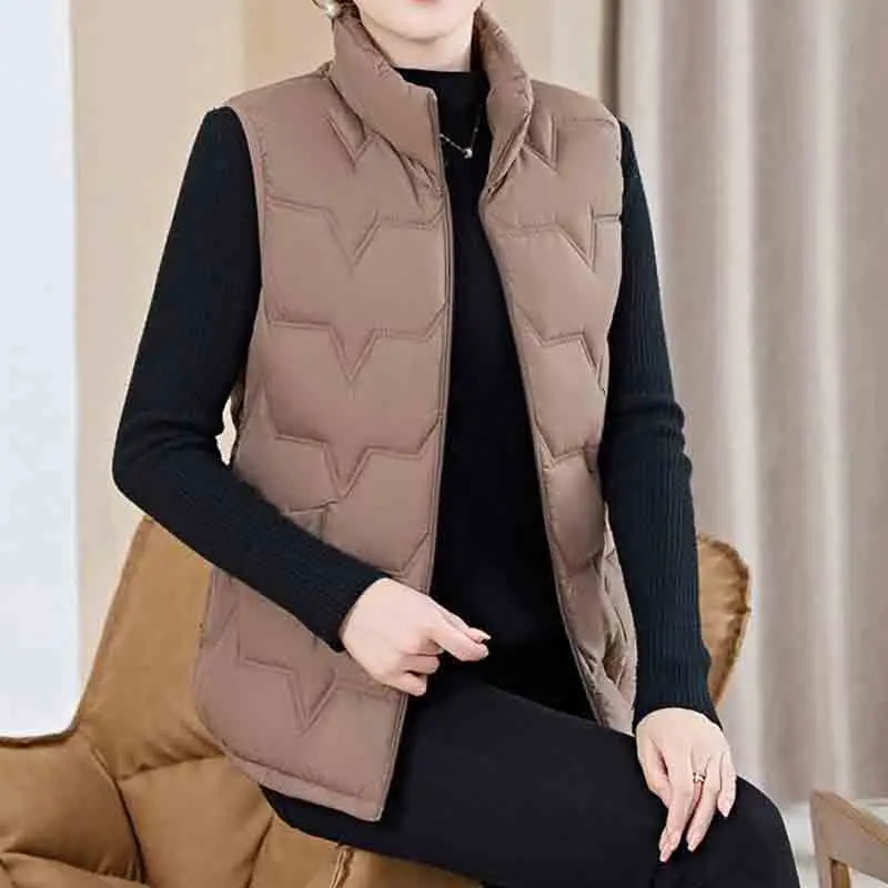 Fashion Women Down Cotton Jackets Vests Solid Stand Collar Zipper Cardigan Thicken Autumn Winter Warm Casual Sleeveless Coats 251024
