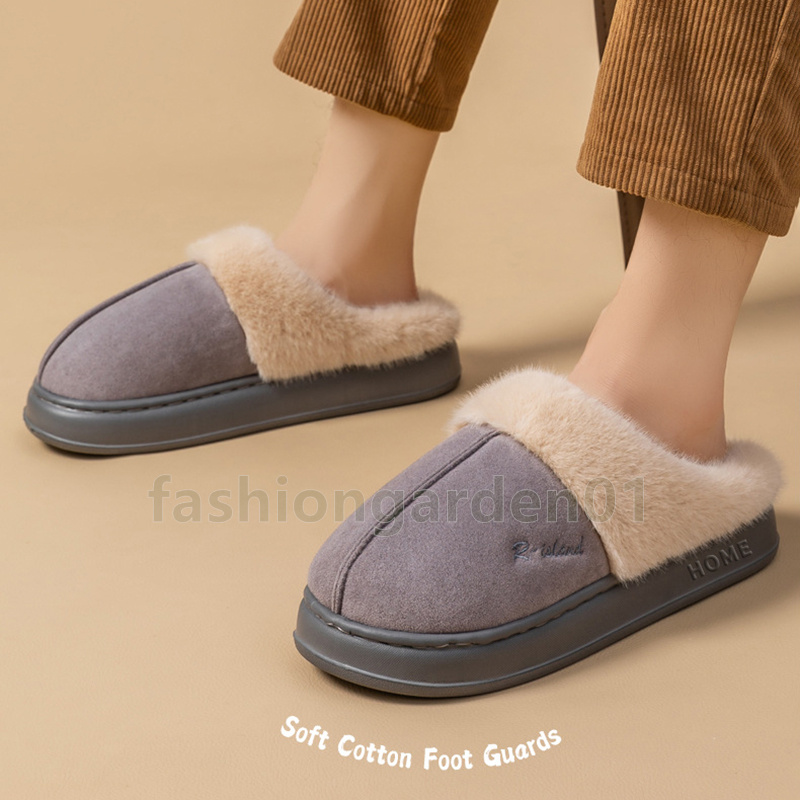 Winter Plush Cotton Slippers Warm Couples Slides Soft Comfortable Flats Non-Slip Brown Gray Pink Unisex House Shoes Size 36-41