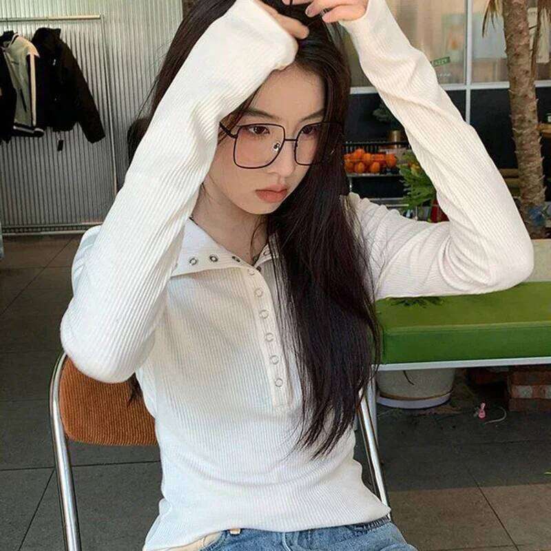 Y2k High Street Women Sweaters 2025 New Gray White Button Up Bottoming Pullover Woman Slim Fit Long Sleeve Knitted T-Shirt Designer Sweater Women Bear