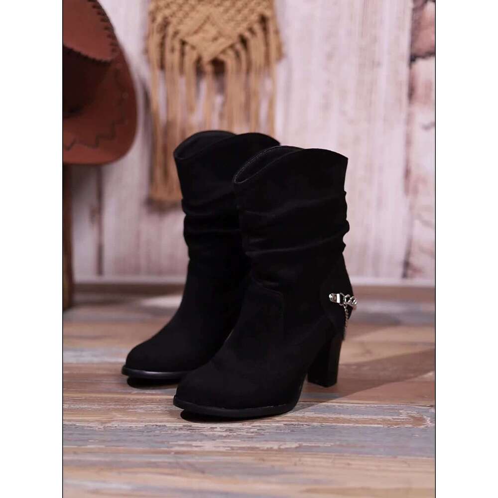 Women's Block Short Boots, Chain Decor Slouch Slip On Booties, Fashion Suedette High Heeled Booties