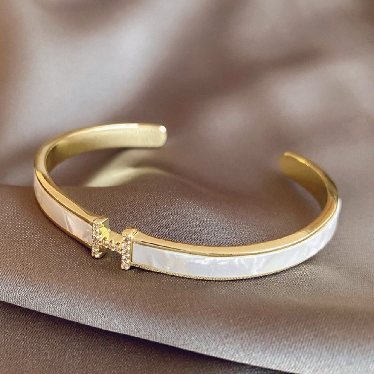 Gold Tone Letter Shaped Bangle Bracelet With Accents Stylish Birthday Jewelry Gift For Her High Quality And Chic Accessory TUES
