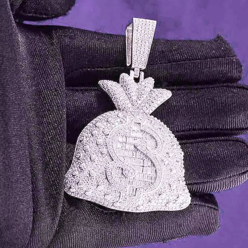 Hip Hop GRA D Color Moissanite Mens Baguette Money Bag Pendant With 925 Sterling Silver Pass Diamond Tester