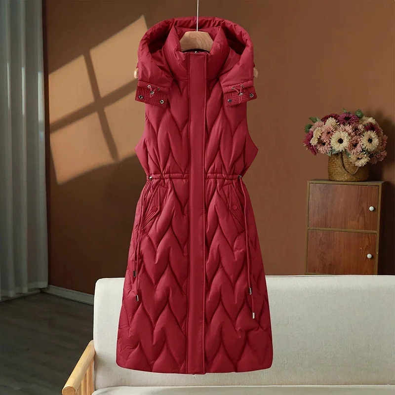 Women Autumn Winter Coat Mid Long down Cotton Vest Korean Hooded Sleeveless Jacket Female Waistcoat Outwear Chaleco Mujer 251024