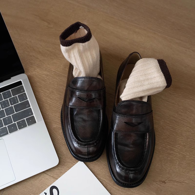 Sheepskin ~ thick-soled leather loafers women's British style retro lazy man with a single shoe with skirt jk small leather shoes2025