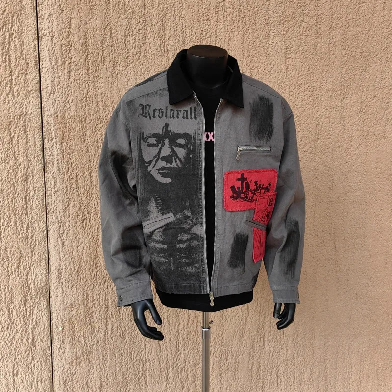 MWJLPWQ Trendy Patch Spliced Workwear Jacket Men Printed Niched Autumn Street Style Couple Laple Zipper Coat 11150 251023