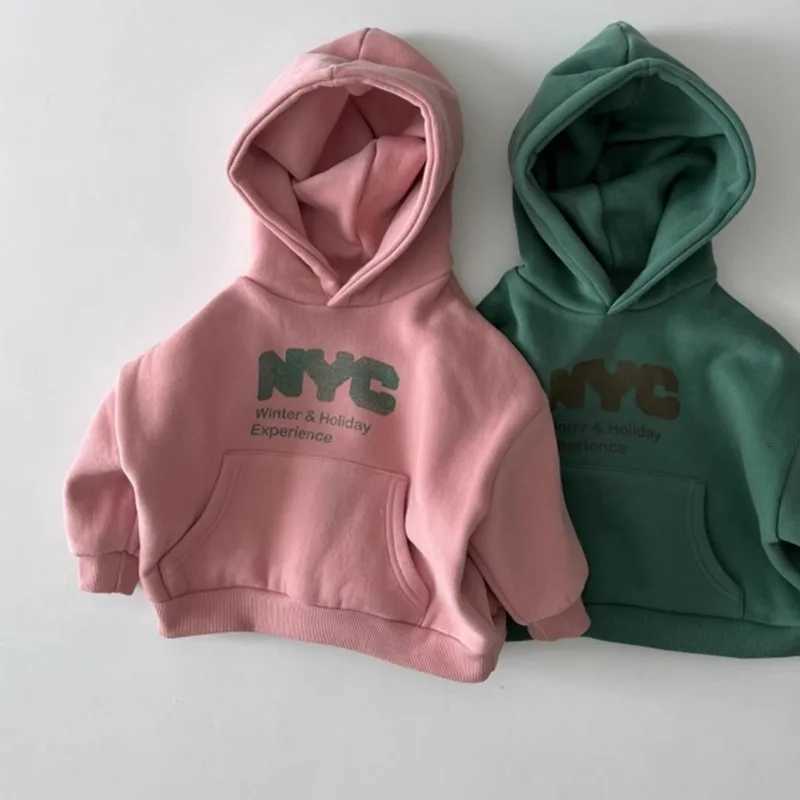 2025 Kids Letter Print Warm Hooded Tops Baby Clothes Autumn New Children Long Sleeve Casual Sweatshirt Boys Girls Fleece HoodieT251030