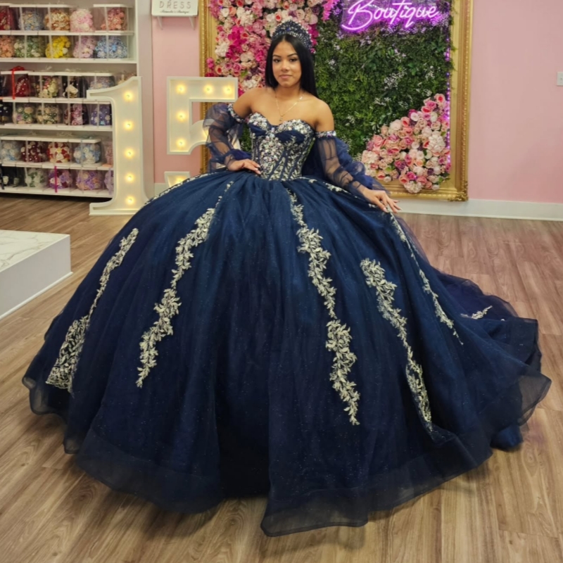 Navy Blue Shiny Quinceanera Dresses Off The Shoulder Applique Beading Crystal Bow Tull Party Birthday Sweet 16 Dress Vestidos 15 Anos