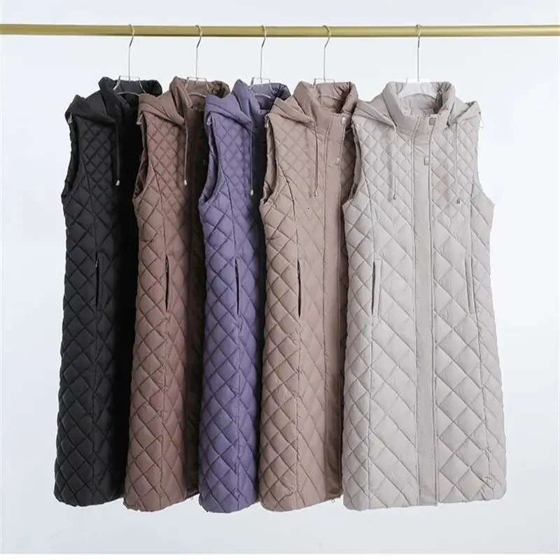 Women Autumn Winter Jacket Mid Long Down Cotton Vest Coat Hooded Windproof Female Waistcoat Sleeveless Jacket Chaleco Mujer 251024