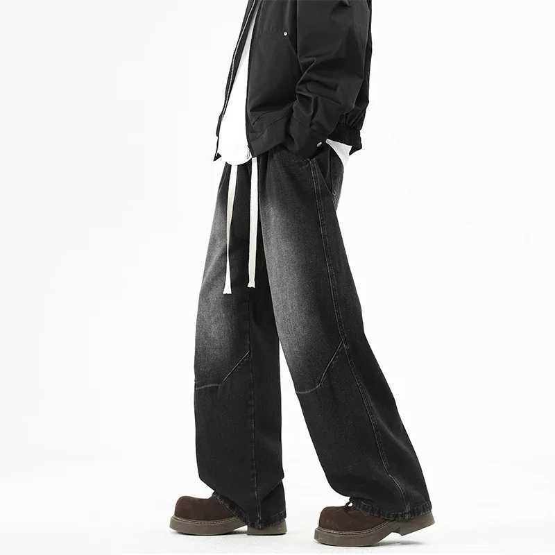 2025 Hiphop Baggy Denim season elastic waist New Korean Mens Jeans American Loose Fit Wideleg Straight Casual Trousers Street J251030