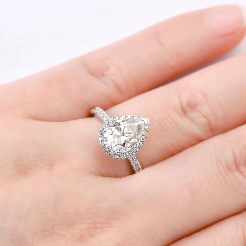 GRA Wedding Band Jewelry 925 Sterling Silver 2ct Pear Cut D Moissanite Halo Engagement Ring Promise Wedding Rings for Women