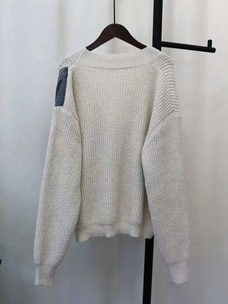 DEAT Spliced Denim Knitted Cardigan For Women Loose Casual Versatile Sweater Jacket Female Trend Autumn Items 33A2097 251029