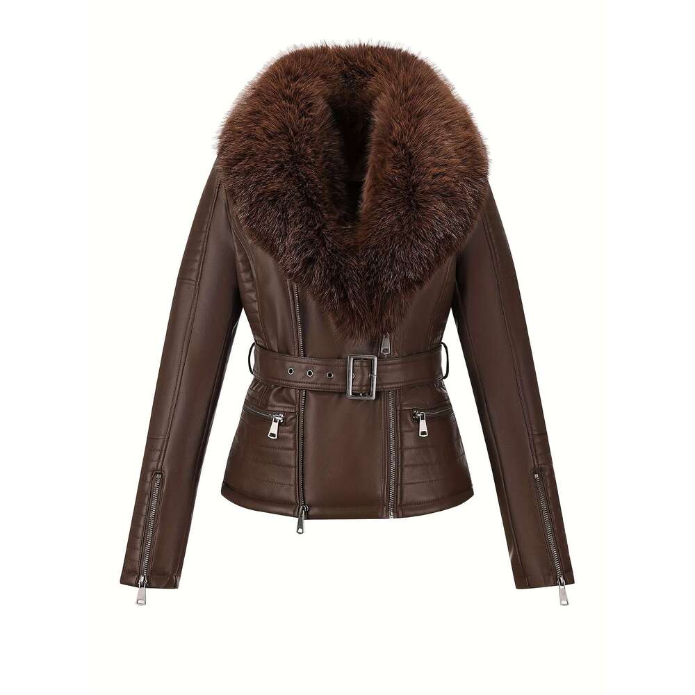 Women S Autumn Winter PU Leather Jacket Fashion Warm Large Faux Fur Collar Biker Jacket Coat