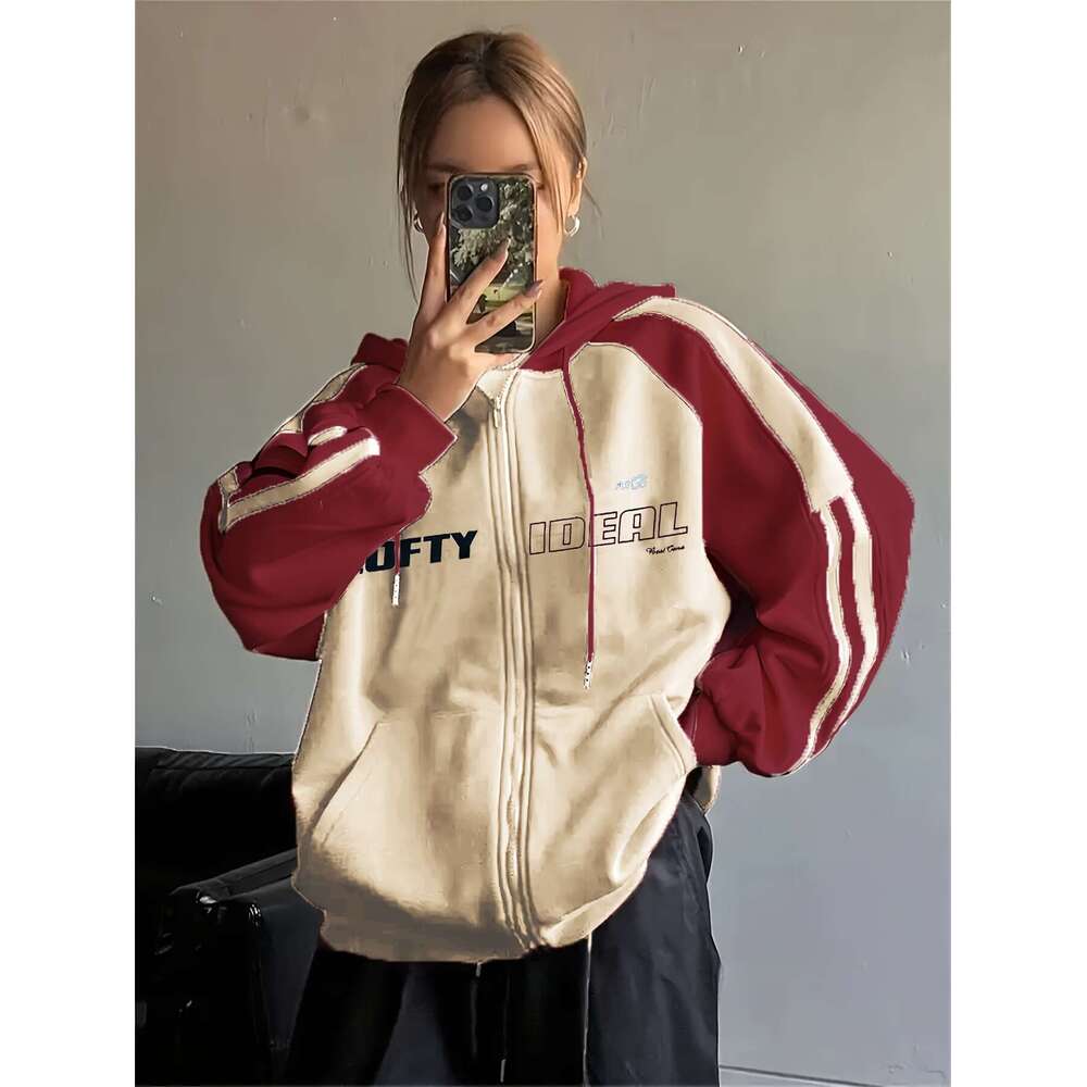 Women S Y K Color Block Hoodie With Wealth Letter Print Maroon Loose Fit Raglan Sleeve Pullover Hine Washable Casual Streetwear For All Seasons