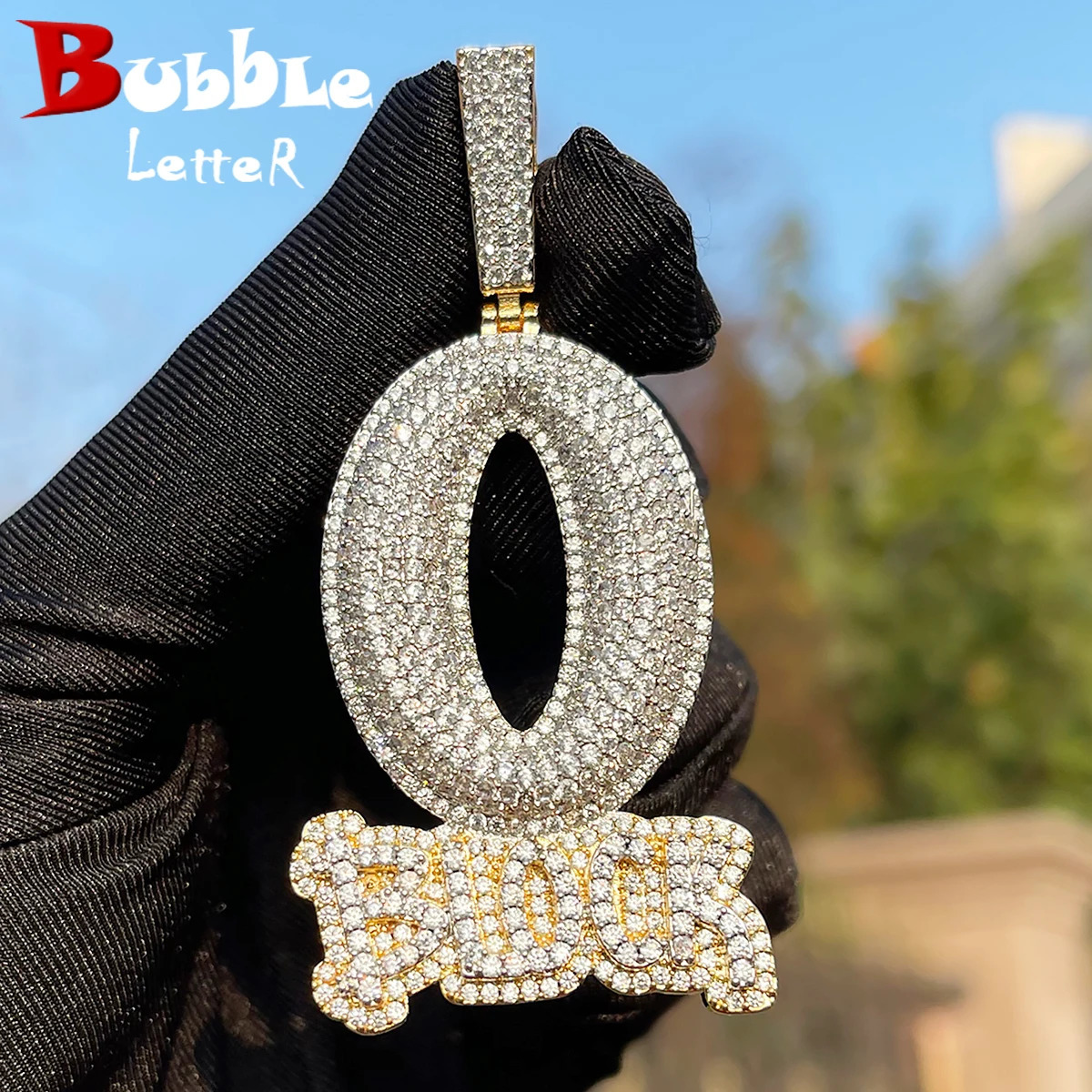 Bubble Letter Iced Out O Block Pendant Real Gold Plated Cubic Zirconia Micro Pave Hip Hop Jewelry 251029