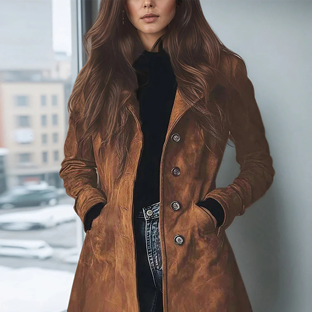 Elegant Suede Long Trench Women Coat Vintage Pocket Single Breasted Long Sleeve Outerwear Windbreaker Fall Outdoor Female Jacket 251030