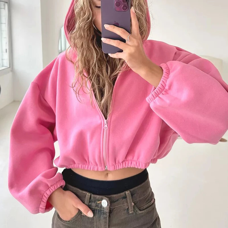 Fall Womens Fashion Zipper Hoodie Cropped Jacket Y2k Solid Color Short Cardigan Long Sleeve Loose Surcoat For Female Sweatshirt 251030