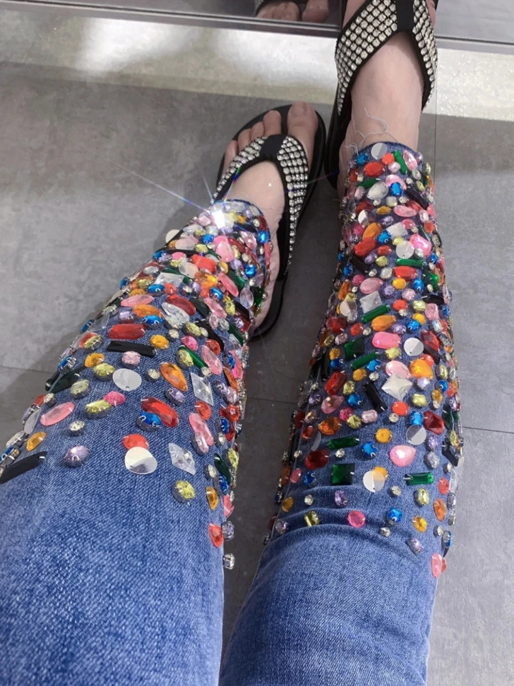 Women Street High Waist Jeans Autumn Heavy Industry n Color Diamond Comfortable Cotton Stretch Skinny Denim Pants 251029