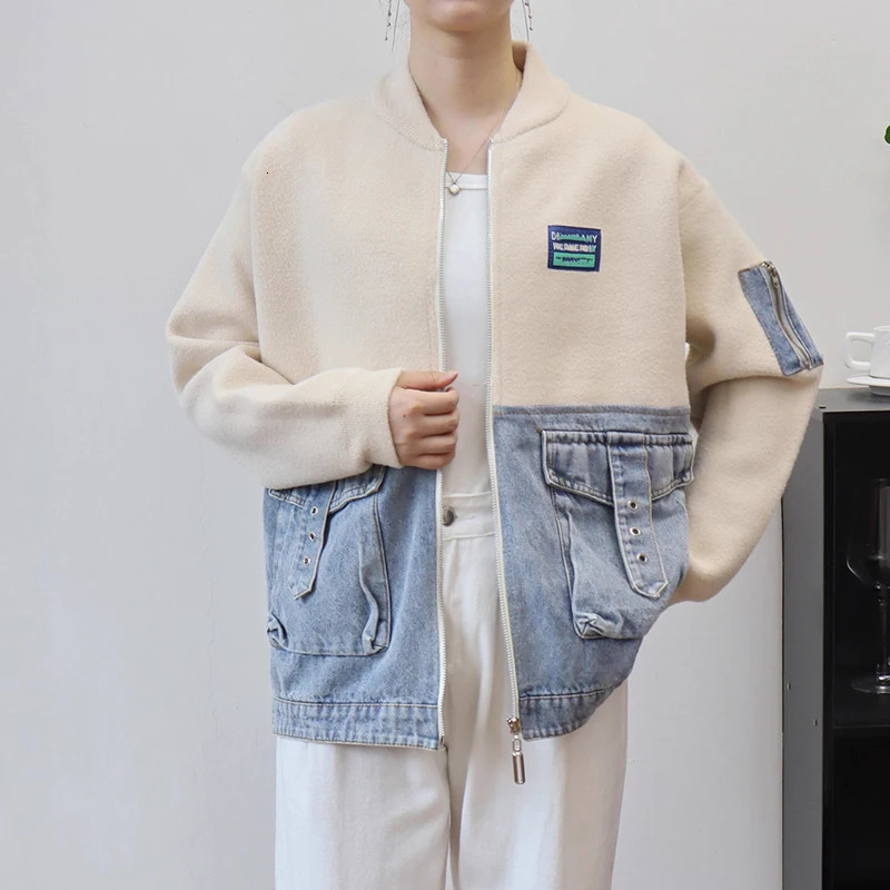 DEAT 2025 Autumn Winter Zipper Patchwork Denim Knitted DoubleSided Cardigan For Women Loose Sweater Jacket Female 11A06204 251029
