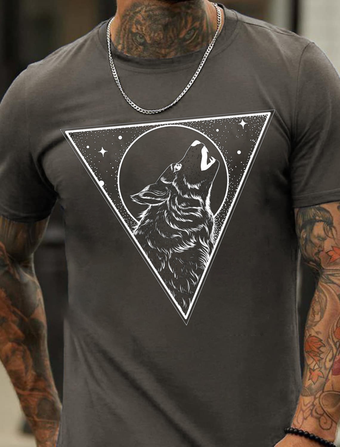 European & American Oversized Wolf Moon Print Men's Cotton Summer T-Shirt - TT7186