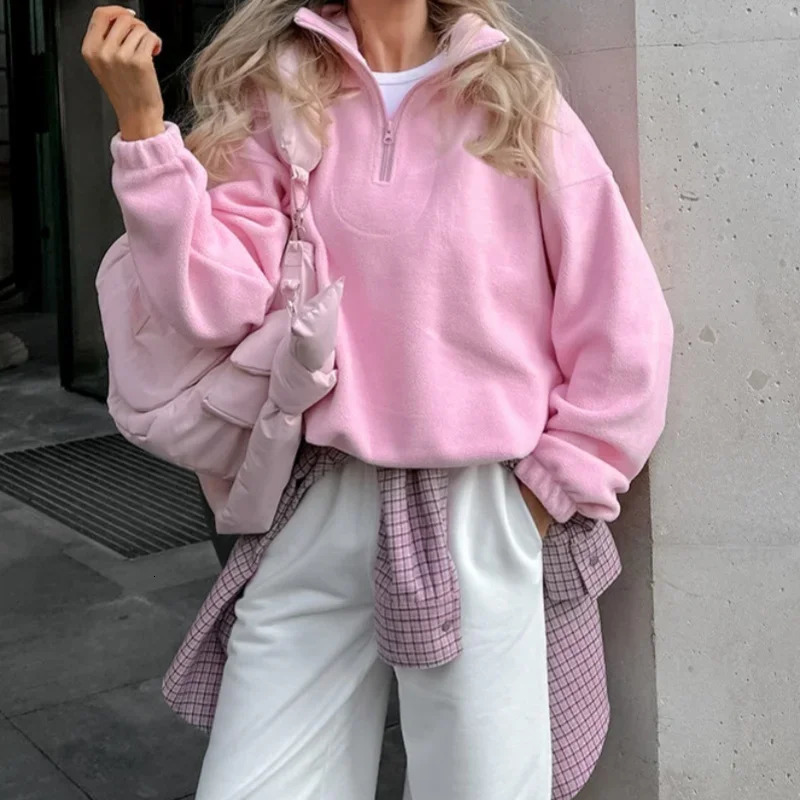 Pink Winter Lamb Fleece Hoodie Women Casual Loose Thick Zipper Long Sleeve Lapel Pullover Top Lady Hoodies Streetwear KPOP 251030