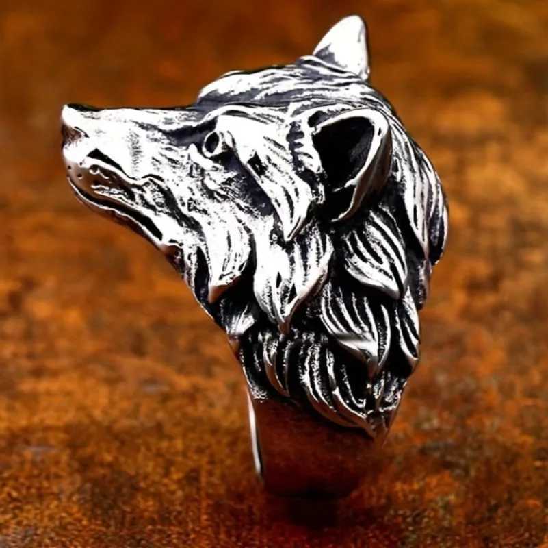European and American retro wolf head ring trendy animal exaggerated domineering hiphop personality open ringW251030