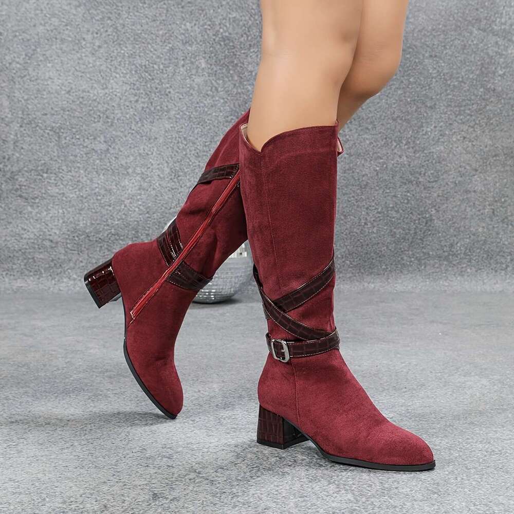 Elegant Bury Knee-High With Chunky Heel, Side Zipper, And Buckle Straps - Women's Round Toe Winter Knight Boots, High Heel Boots