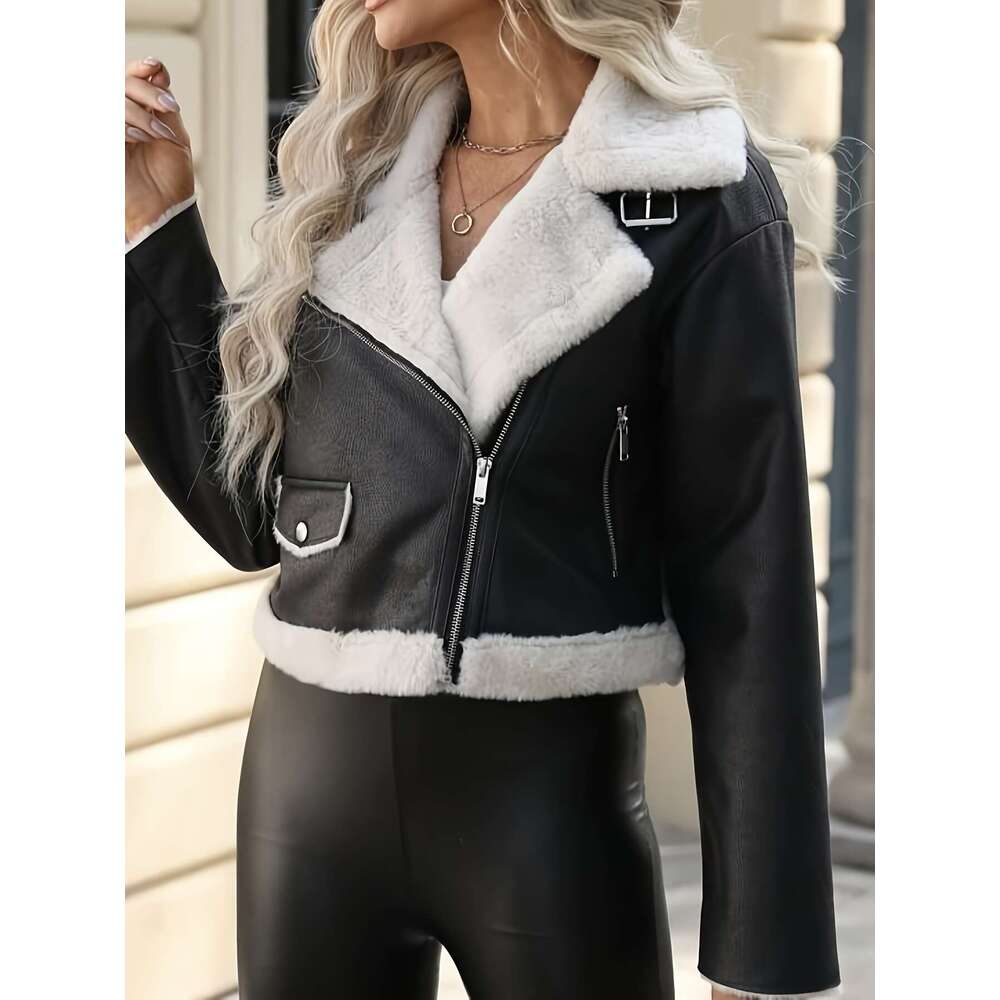 Faux Jacket Winter Faux Fur Lined Women S Motorcycle Jacket Polyester Hine Washable Black White Casual Zipper Front Coat For Autumn Cold Weather